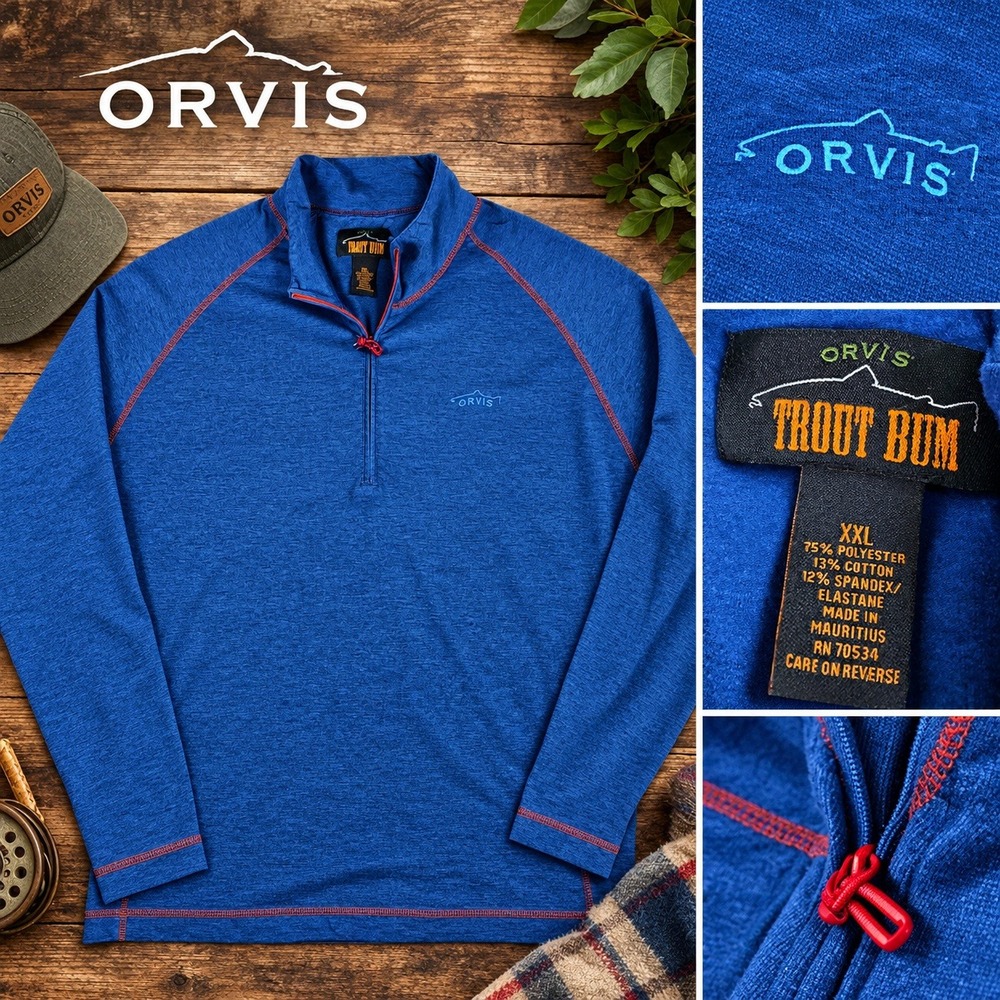 Orvis Trout Bum Mens XXL Blue Stretch 1/4 Zip L/S Contrast Stitch Pullover